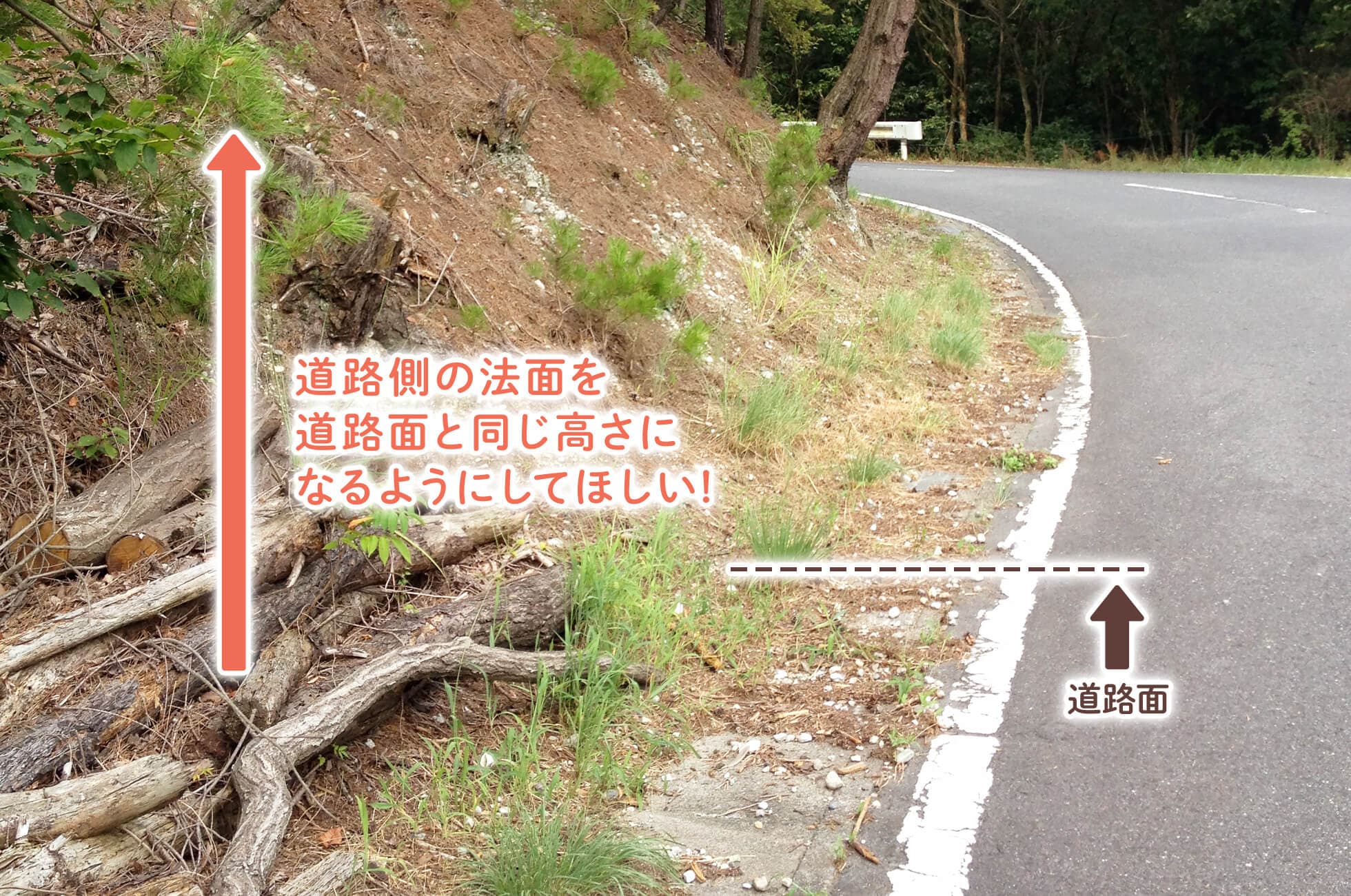 法面を低くして道路面と同じ高さにしたい